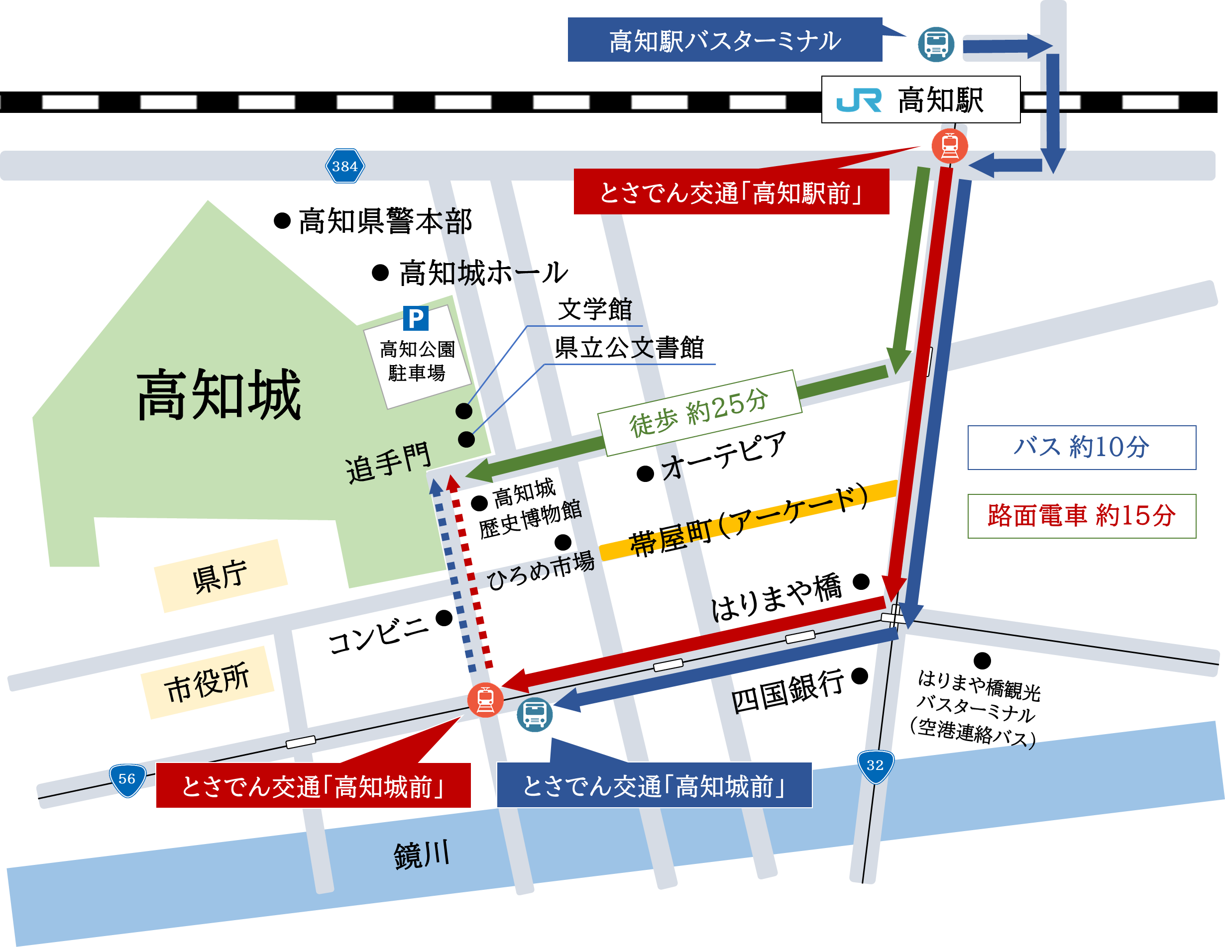 JR高知駅からの移動ルートMAP